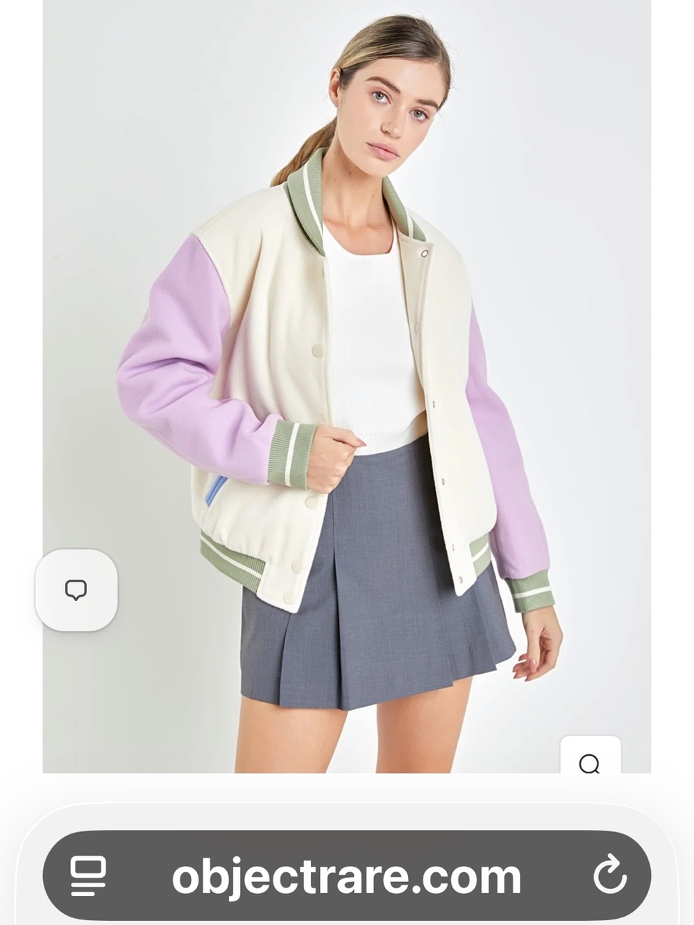 English Factory Cream Varsity Jacket with Lilac Sleeves and Green Trim